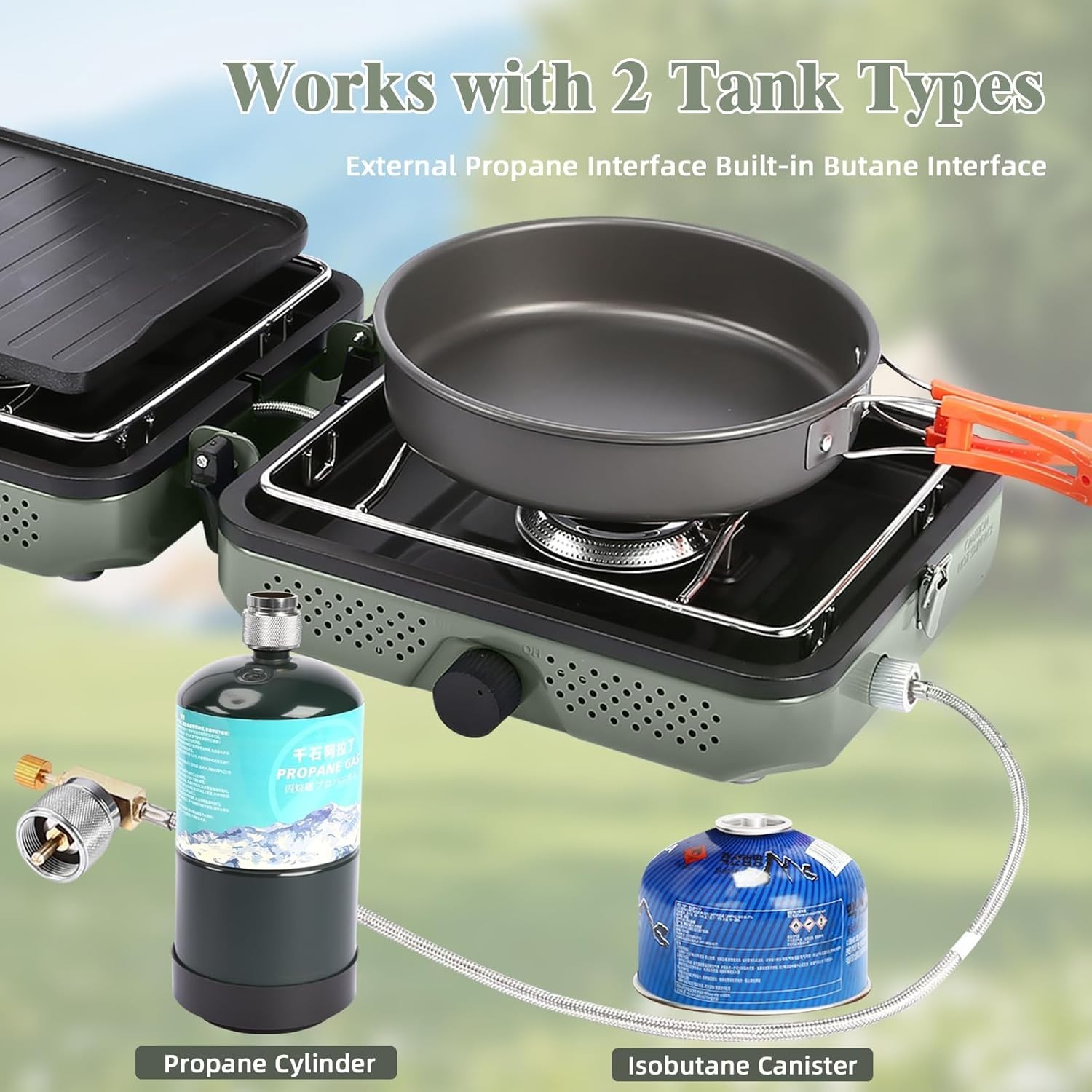 All-in-One Camping Stove Set: 2 Burners, Windscreen, Cutting Board & Grill Plate