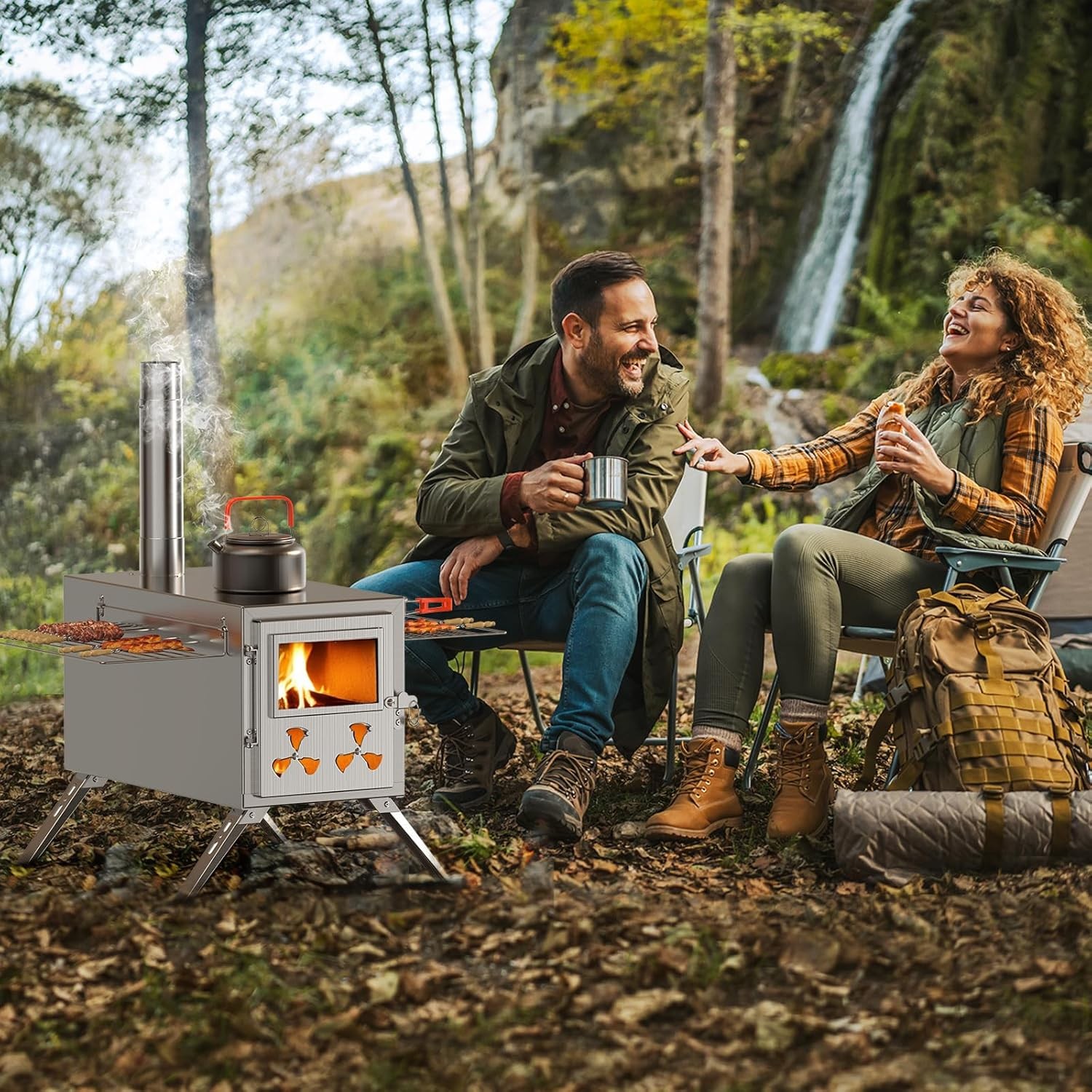 MOPHOTO 2in1 Sauna Hot Tent Stove Burning Stove With Stone Box 8 Chimney Pipes
