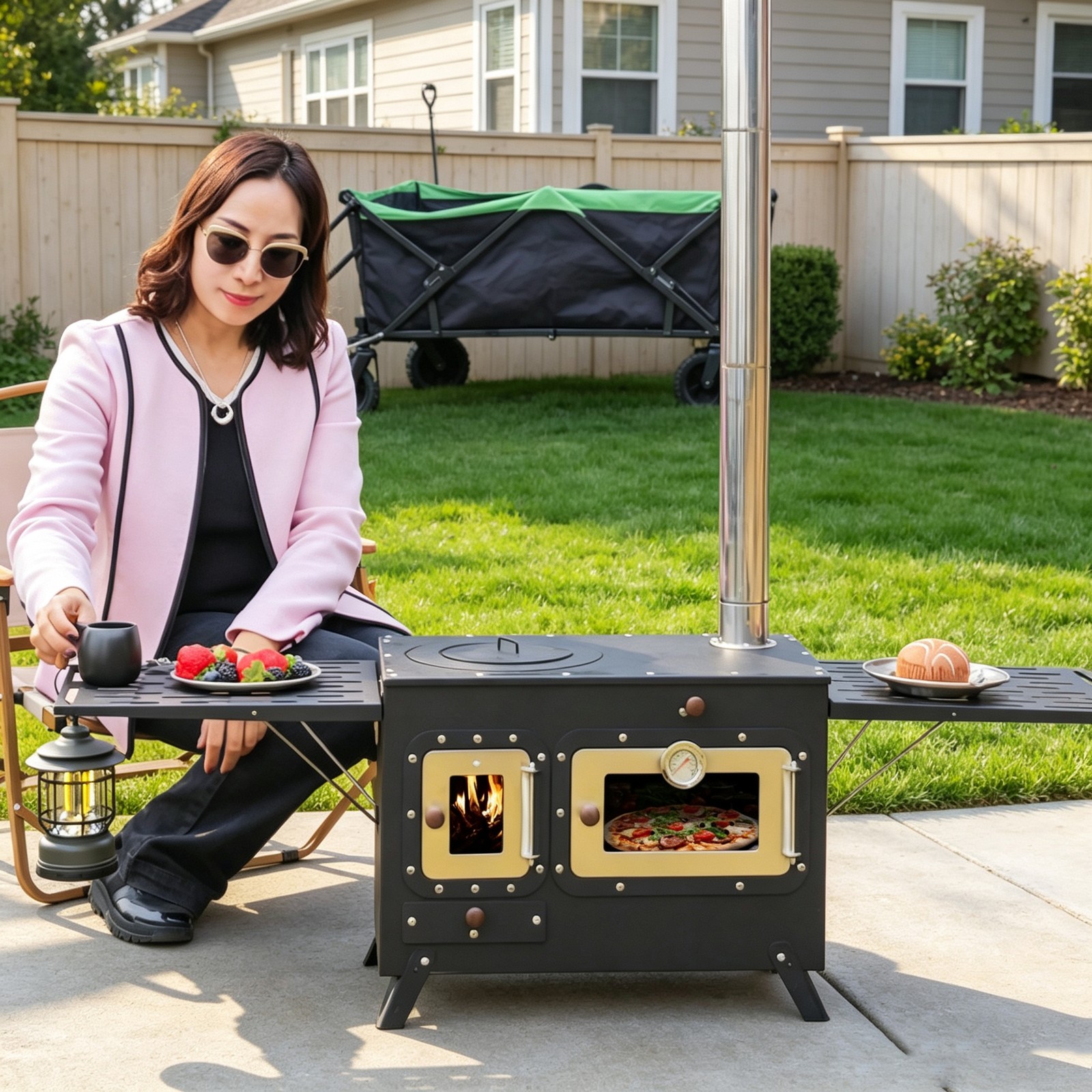 Foldable Camping Wood Stove with Oven Portable Steel Outdoor Cooking Fire Stove