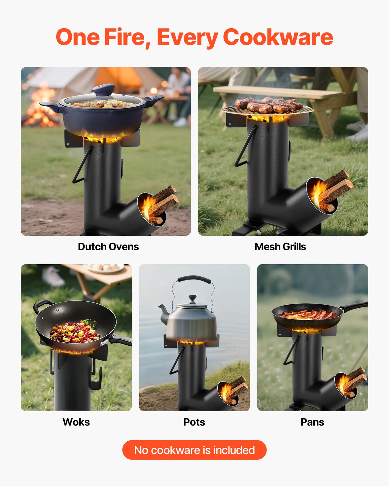 VEVOR Camping Rocket Stove Wood Burning Portable Rocket Stove Carbon Steel Black
