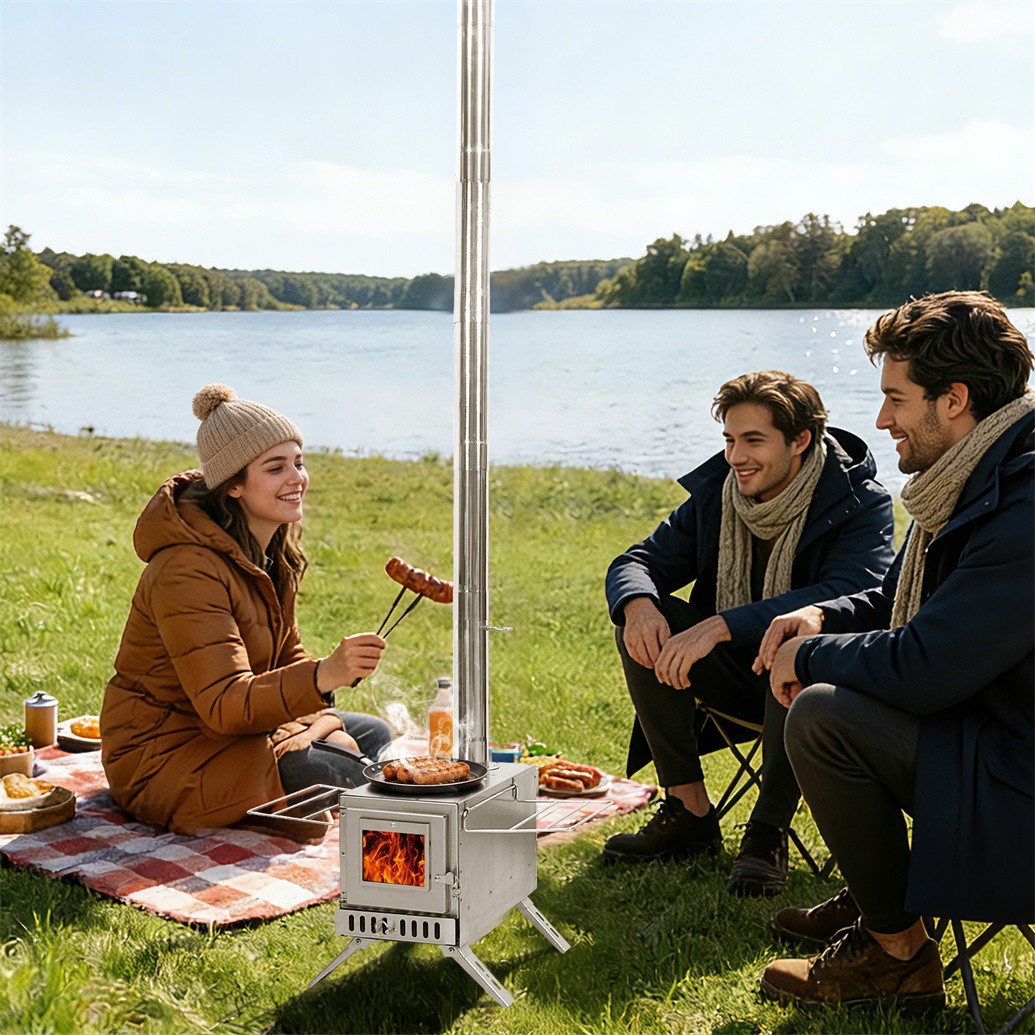 Portable Wood Burning Stove w Pipes Hot Tent Stove for Outdoor Camping & Heating