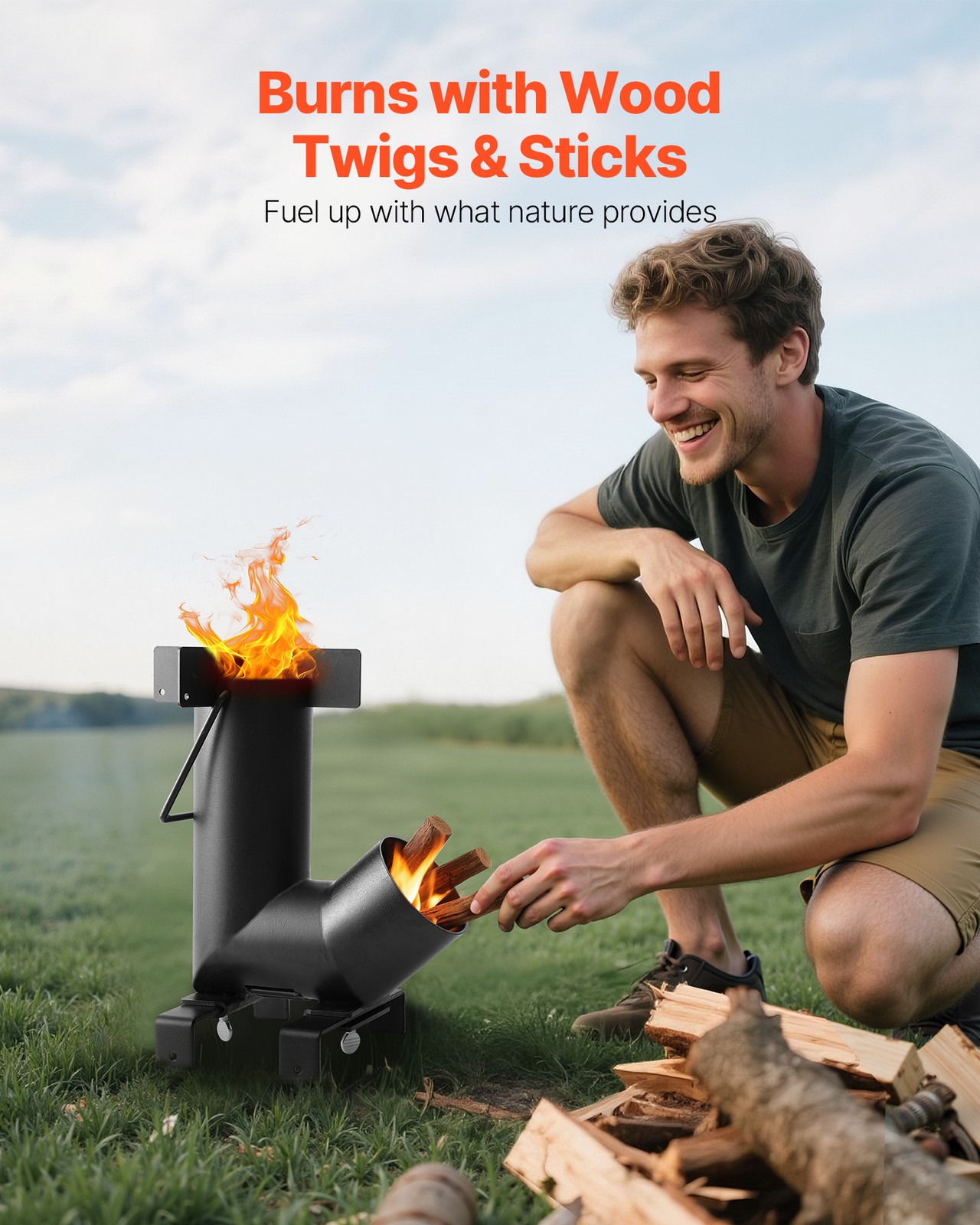 VEVOR Camping Rocket Stove Wood Burning Portable Rocket Stove Carbon Steel Black