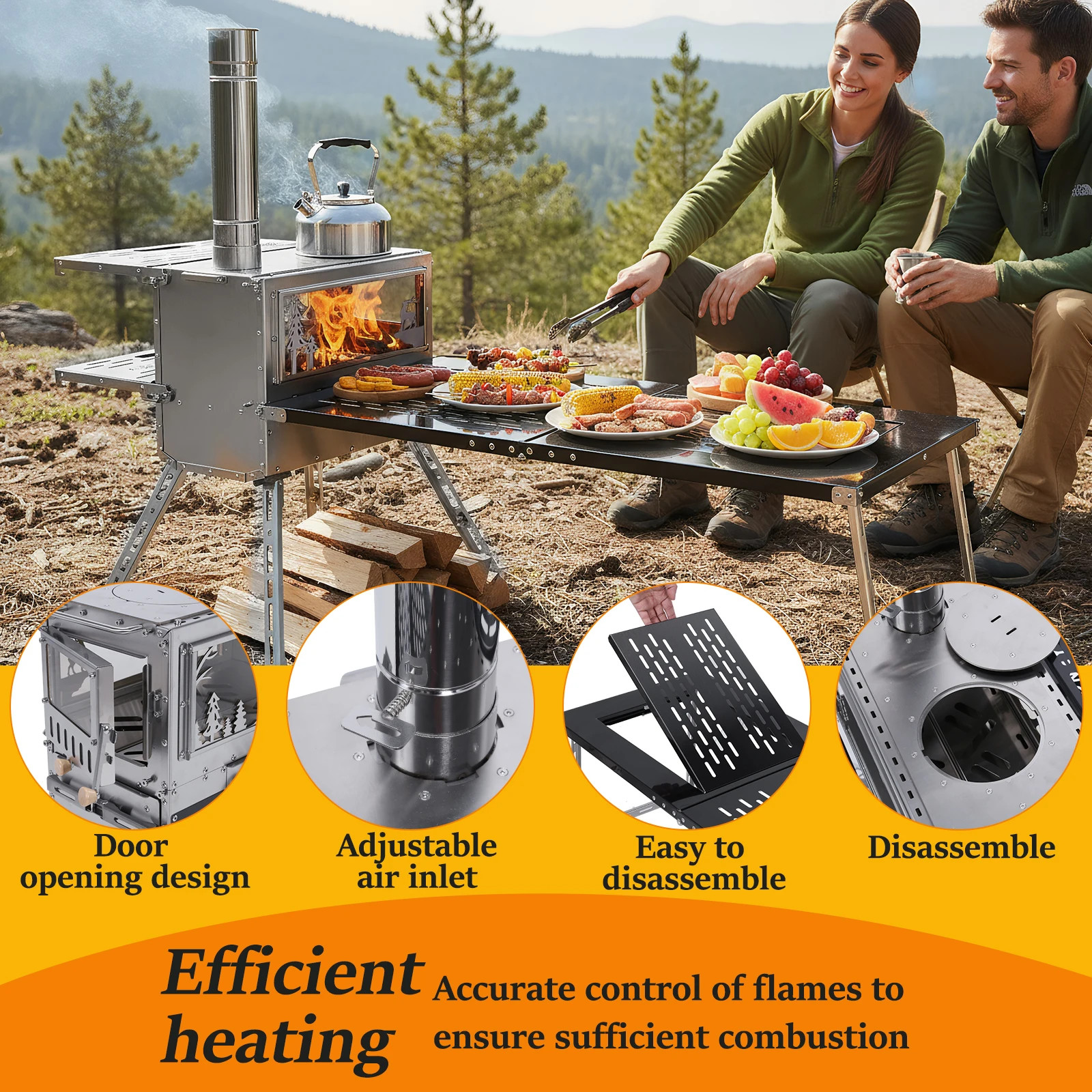 Camping Stove with Oven & Camping Table with Chimney Pipe Multi-Fuel Camp Stove