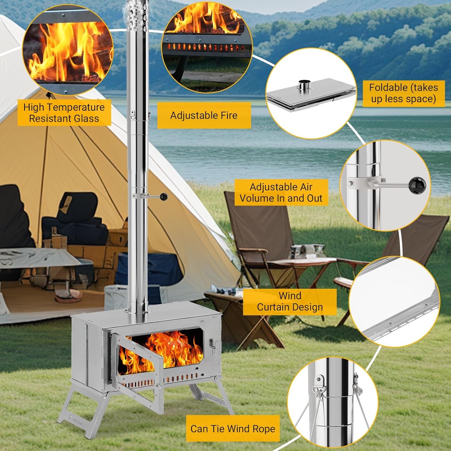 Portable Hot Tent Stove,Stainless Steel Stove with Pipe Bag,Backpacking,Heating