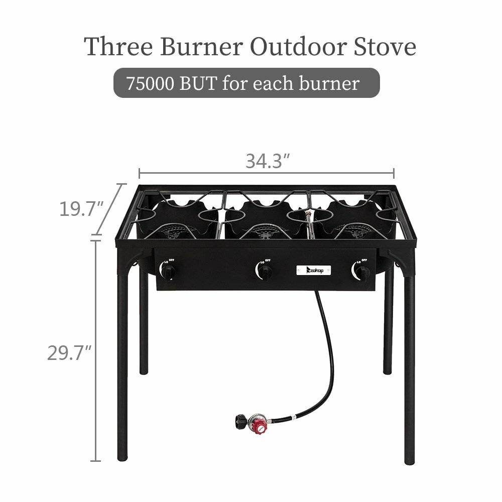 Outdoor Camping Stove 3 Burner Propane Cooker w/ Legs and Regulator 225,000-BTU