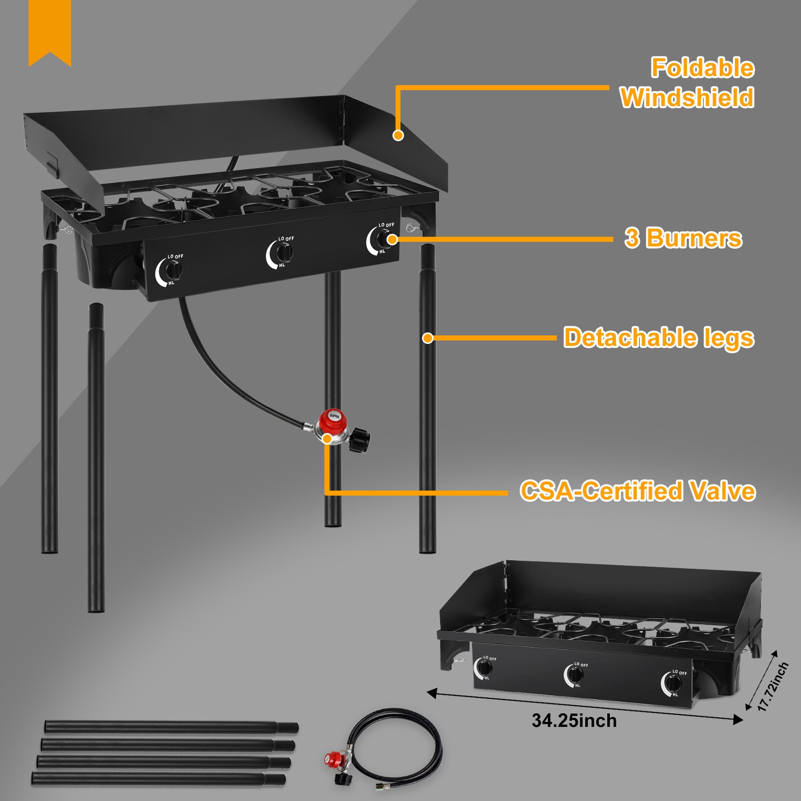 Portable Propane 225,000-BTU 3 Burner Gas Cooker Outdoor Camping Stove Grill