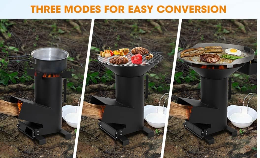 3-in-1 Camp Rocket Stove W/ 14.5″ Cooking Grate 18″ Griddle & Cooktop Portable