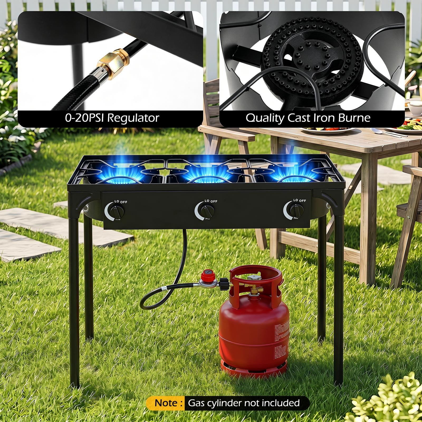 3 Burner Outdoor Propane Gas Stove w/Adjustable Regulator & Hose 240000 BTU