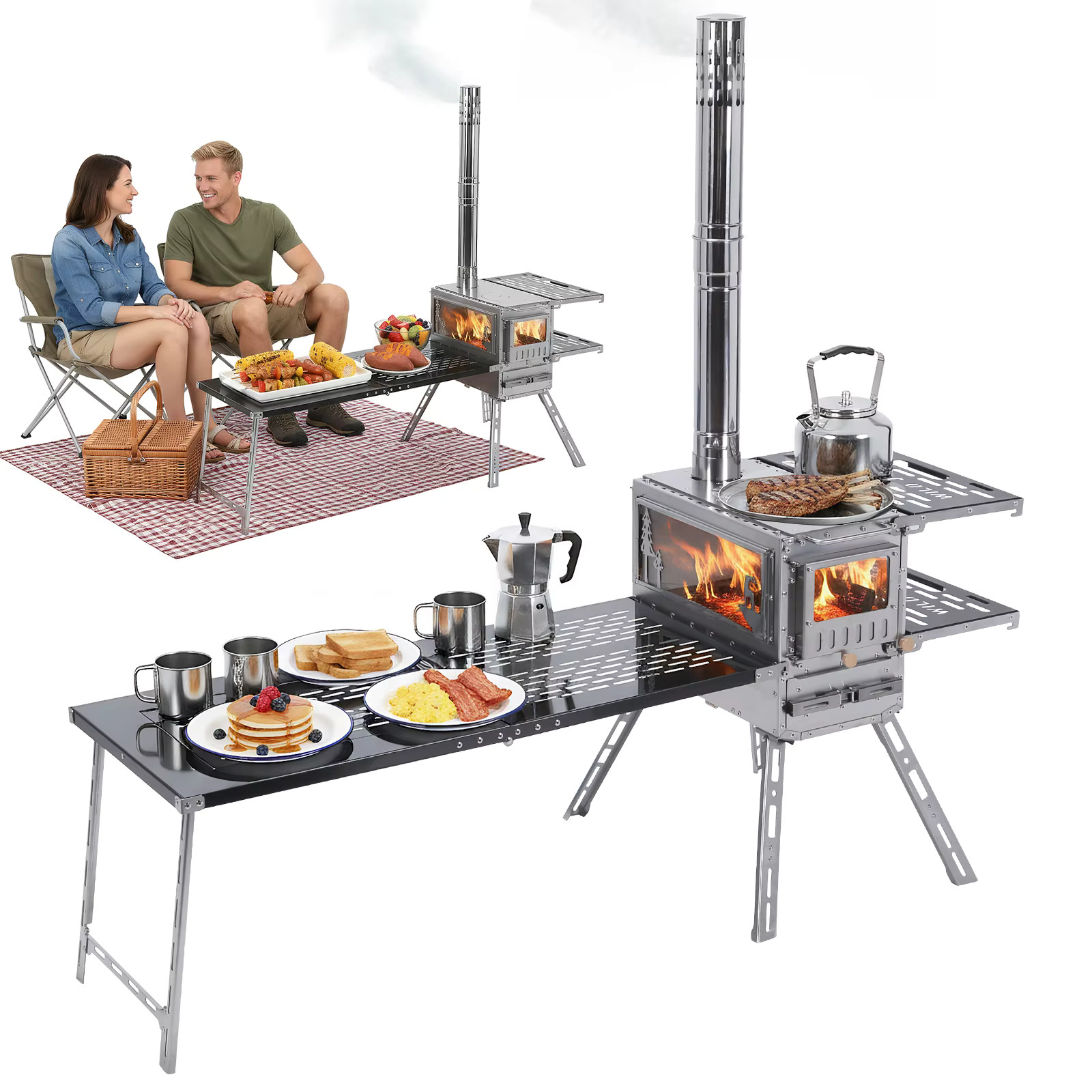 Camping Stove with Oven & Camping Table with Chimney Pipe Multi-Fuel Camp Stove