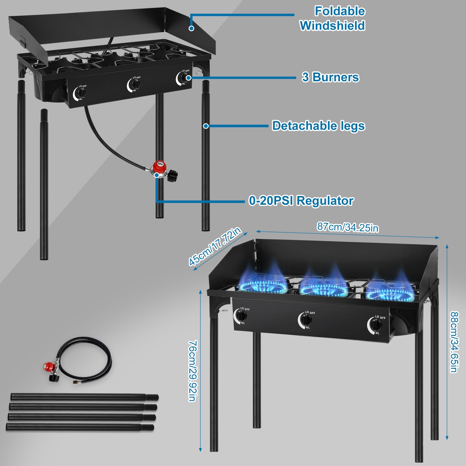 Portable Propane 225,000-BTU 3 Burner Gas Cooker Outdoor Camping Stove Grill