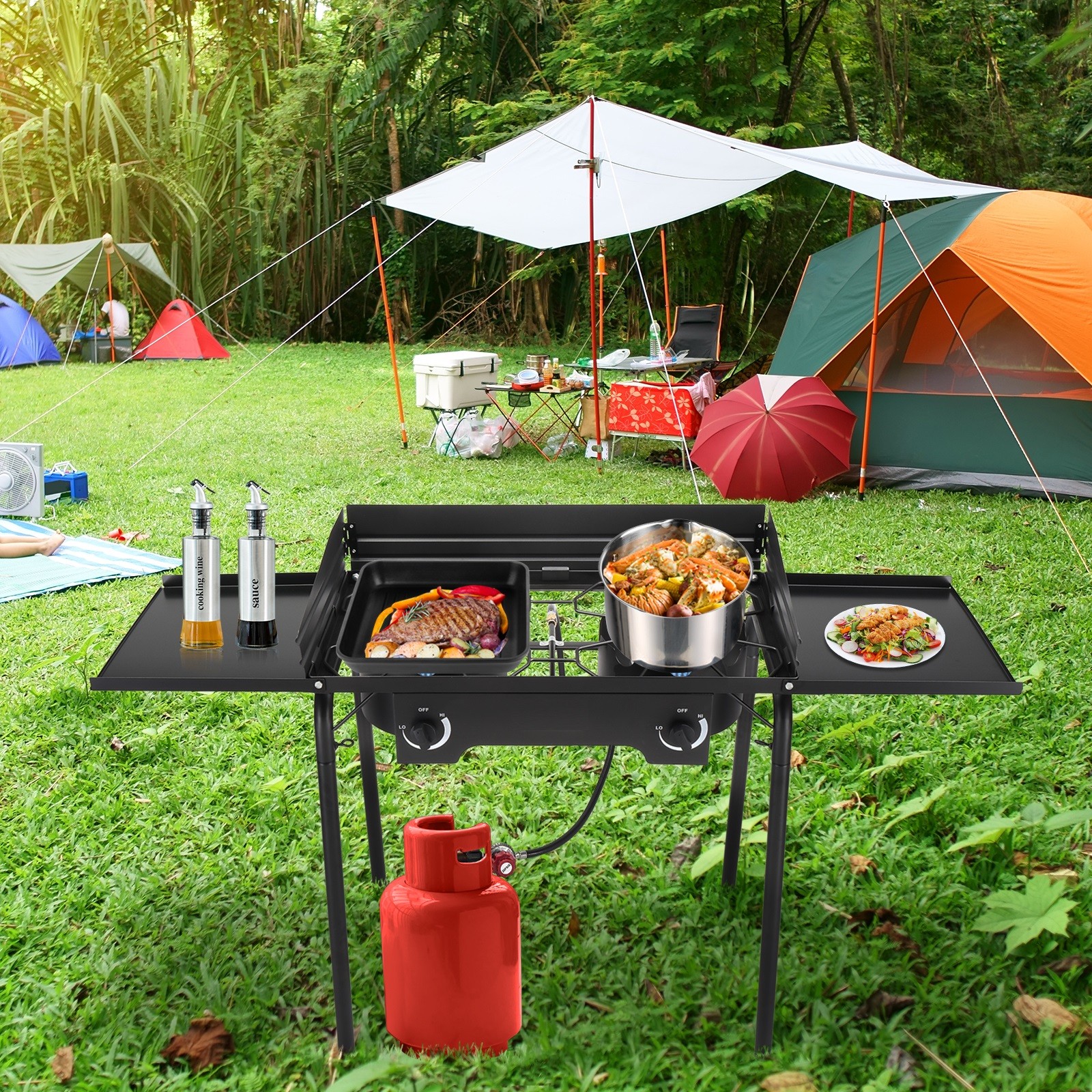 Portable Propane 150,000 BTU 2 Gas Burners Outdoor Cooker Stove BBQ Grill, Black