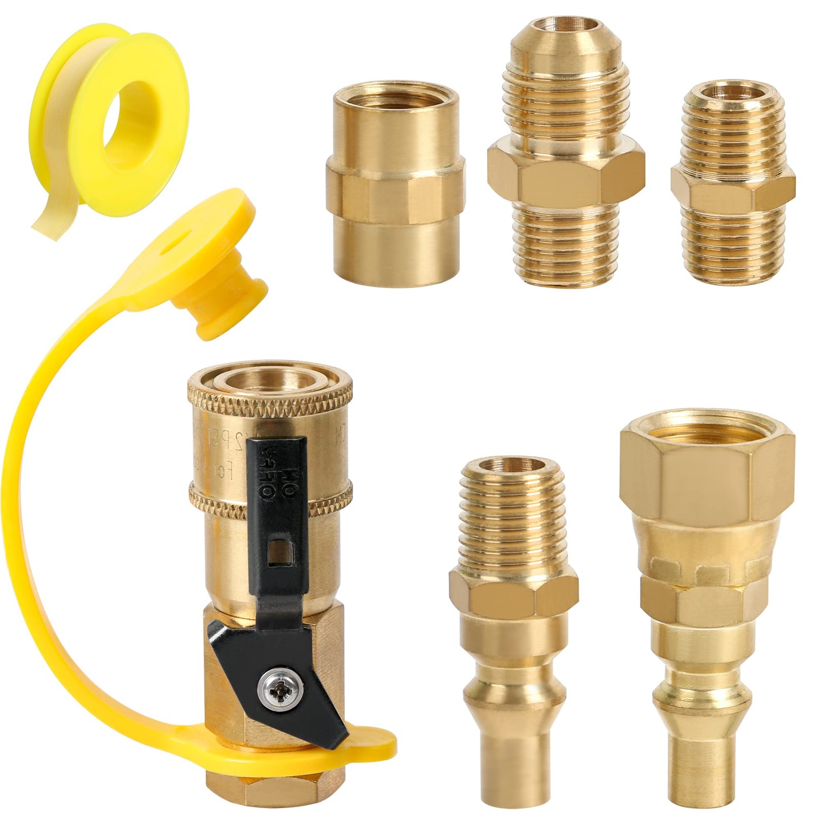 ATKKE RV Propane Quick Connect Fitting Adapter Valve, 1/4″ 7-Pieces, yellow