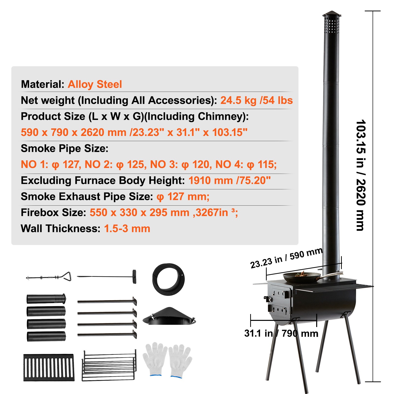 VEVOR Portable Wood Stove Camping Hot Tent BBQ Stove 118 in for Outdoor w/ Pipes
