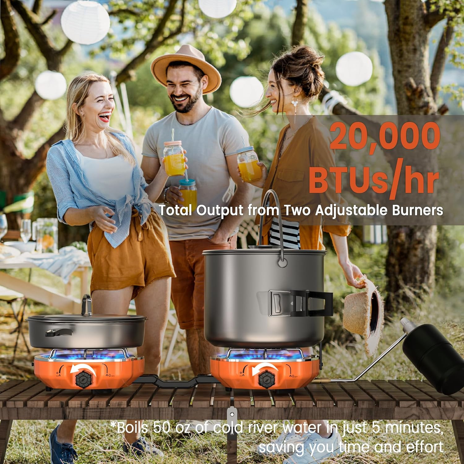 20,000 Btus 2 Burner Propane Camping Stove, Portable Folding Camp Stove with Adj