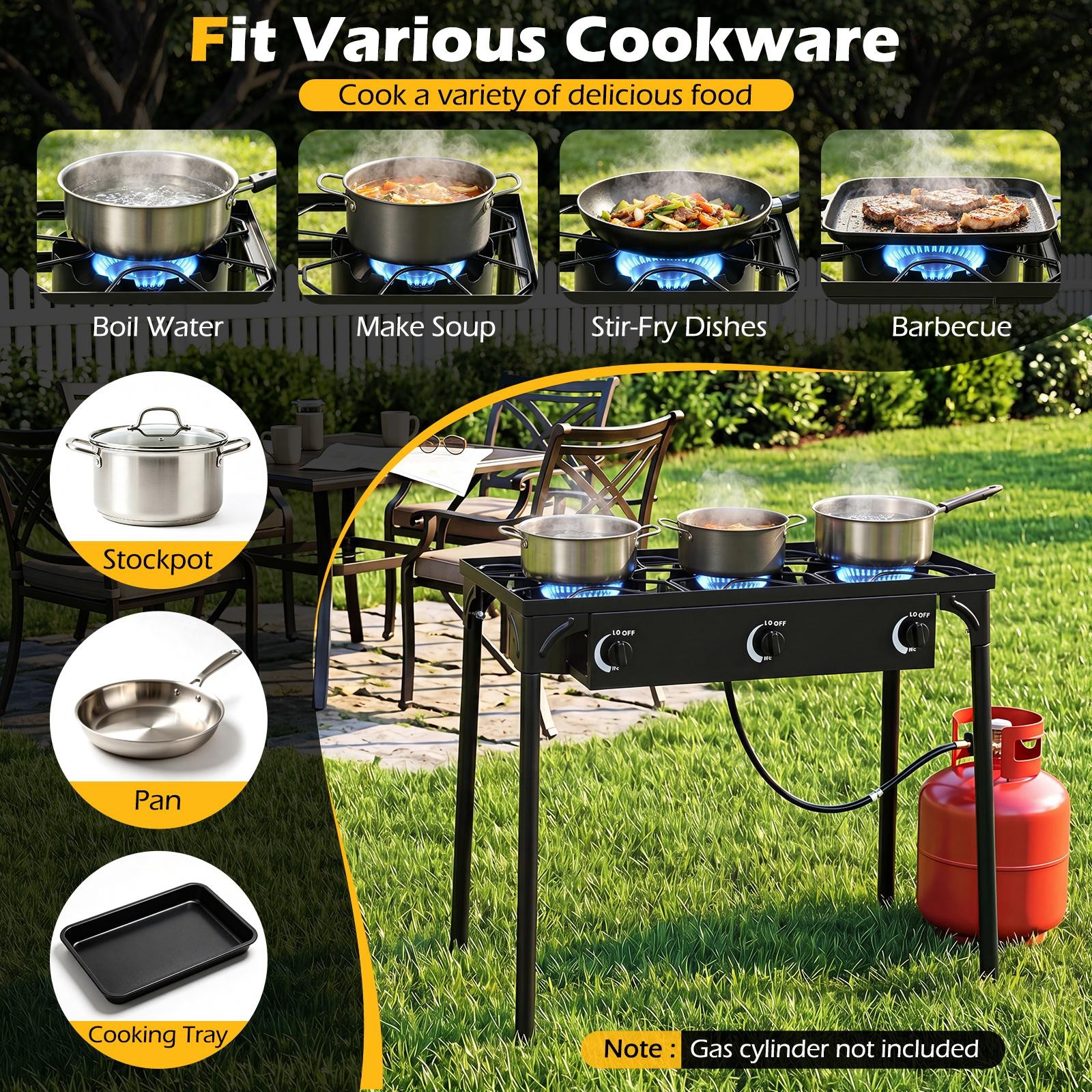 3 Burner Outdoor Propane Gas Stove w/Adjustable Regulator & Hose 240000 BTU
