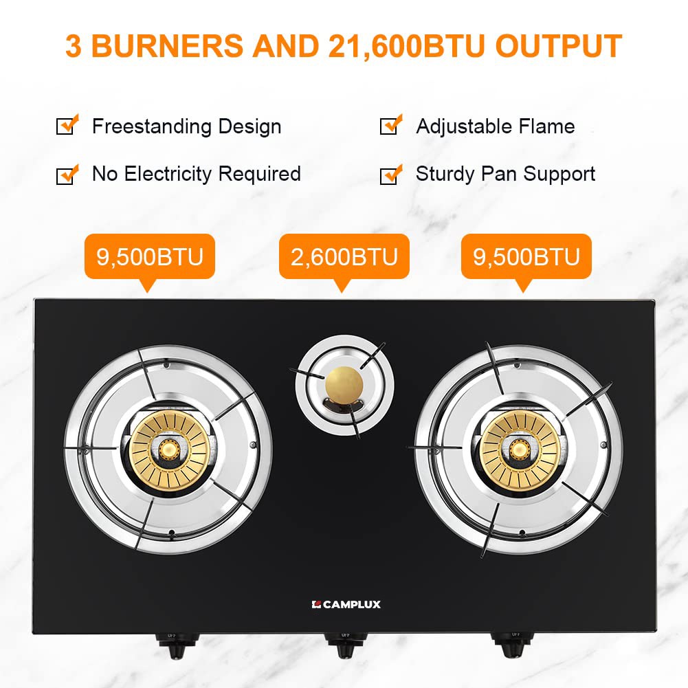 CAMPLUX Portable Propane Camp Stove 1/2/3 Burner Gas Outdoor Cooker Glass/Steel