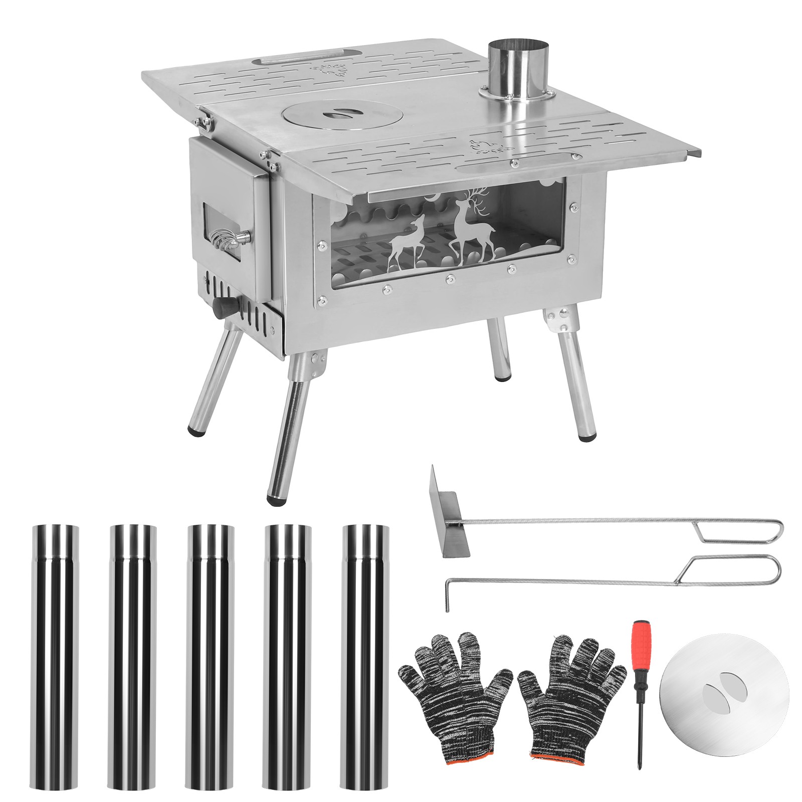 Portable Hot Tent Stove Wood Burning W/ Chimney & View Glass for Camping Outdoor