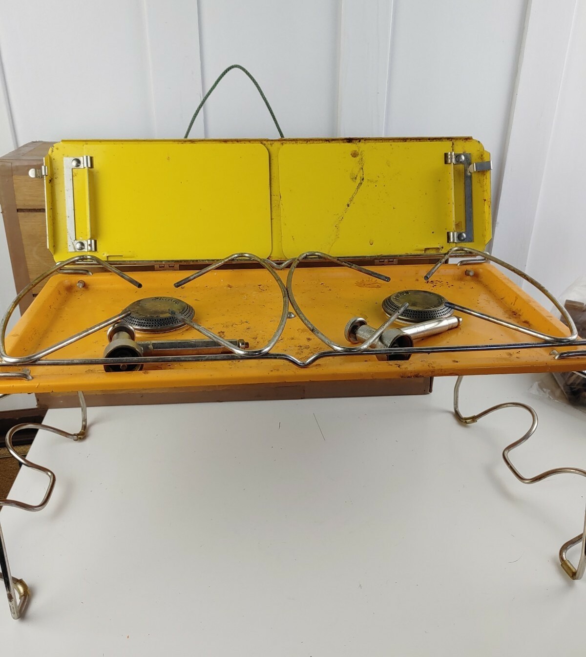 Vintage Unique Camping Double Burner Orange And Yellow w Hand Made Case
