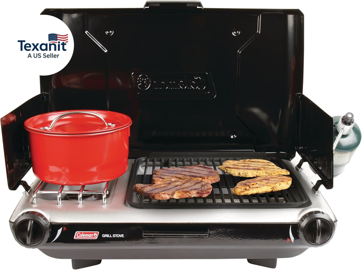 Tabletop 2-In-1 Camping Grill/Stove, 2-Burner Propane Grill & Stove with Adjusta