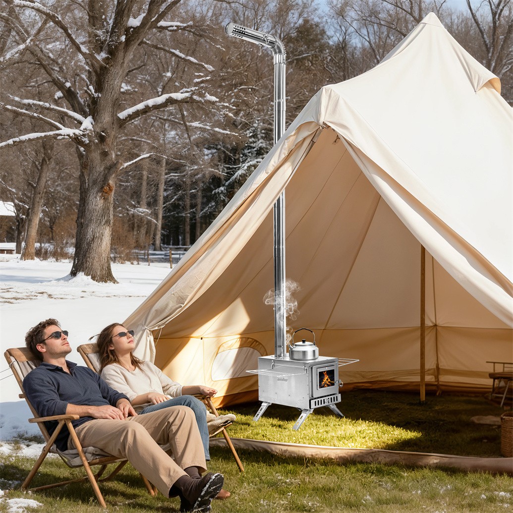 Portable Wood Burning Stove w Pipes Hot Tent Stove for Outdoor Camping & Heating