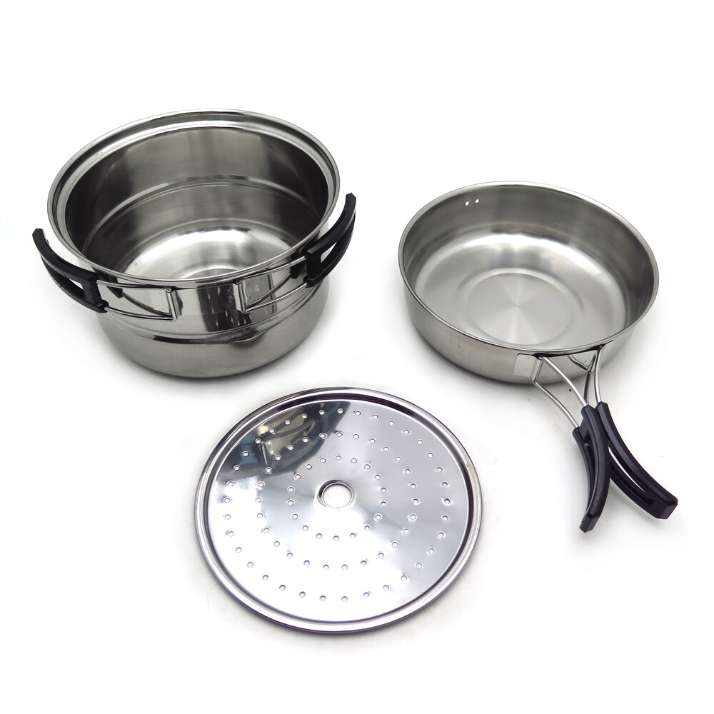 3PCS Outdoor Camping Cookware Stainless Steel Cooking Picnic Bowl Pot Pan Set