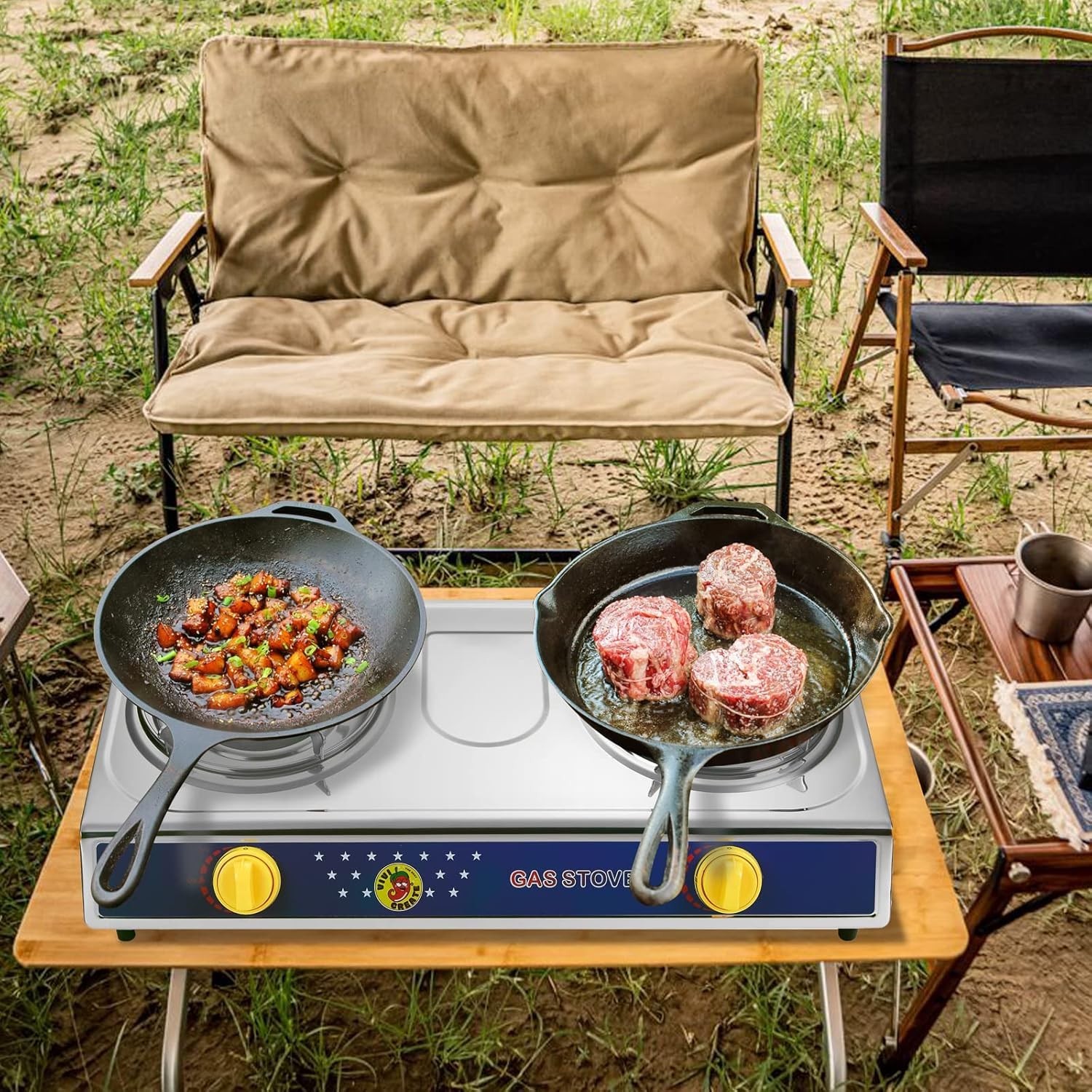 Estufa portátil de gas propano de 2 quemadores para camping y cocina exterior. N