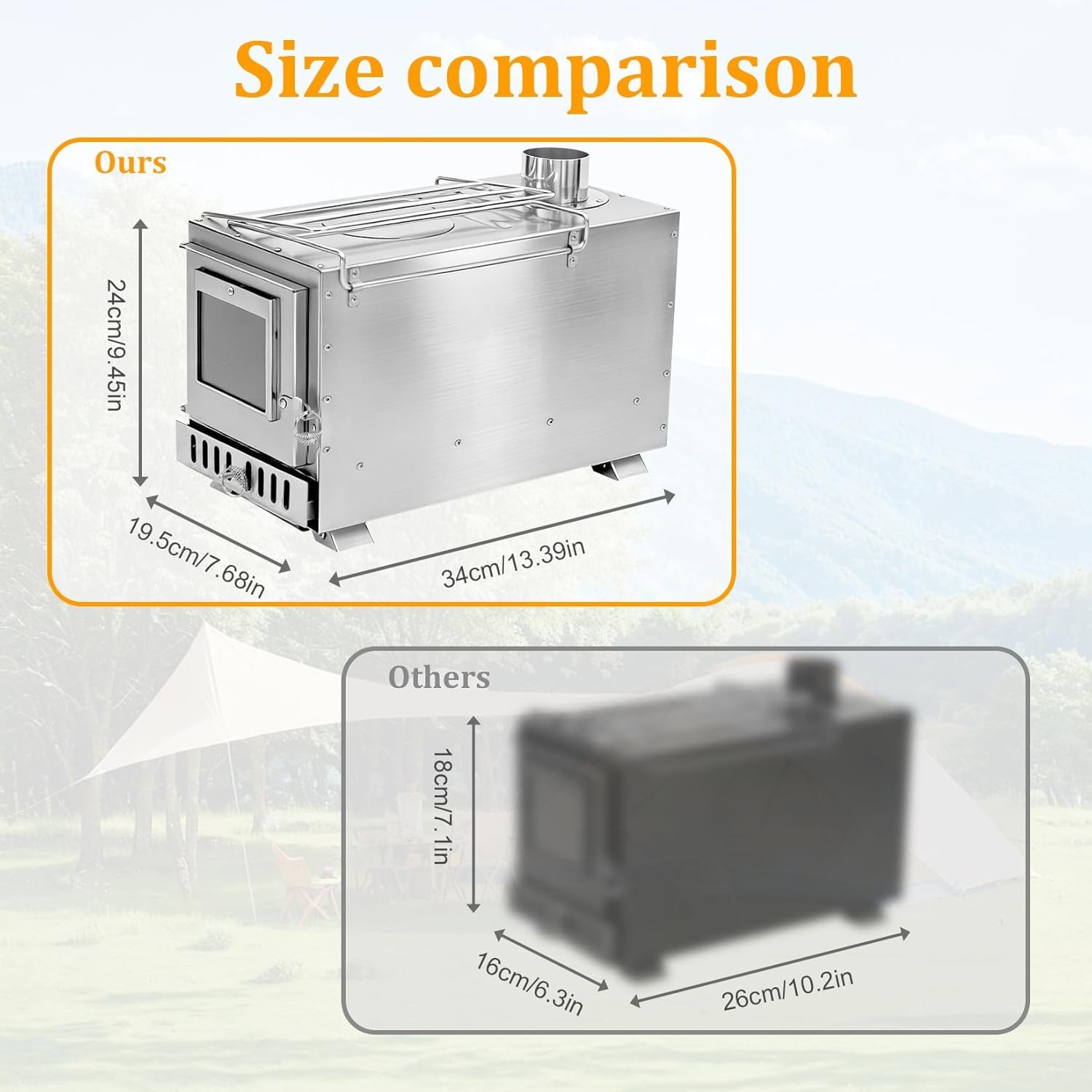 Stainless Hot Tent Stove 15in Wood Burning Stove W/ 6 Chimney Pipes Outdoor