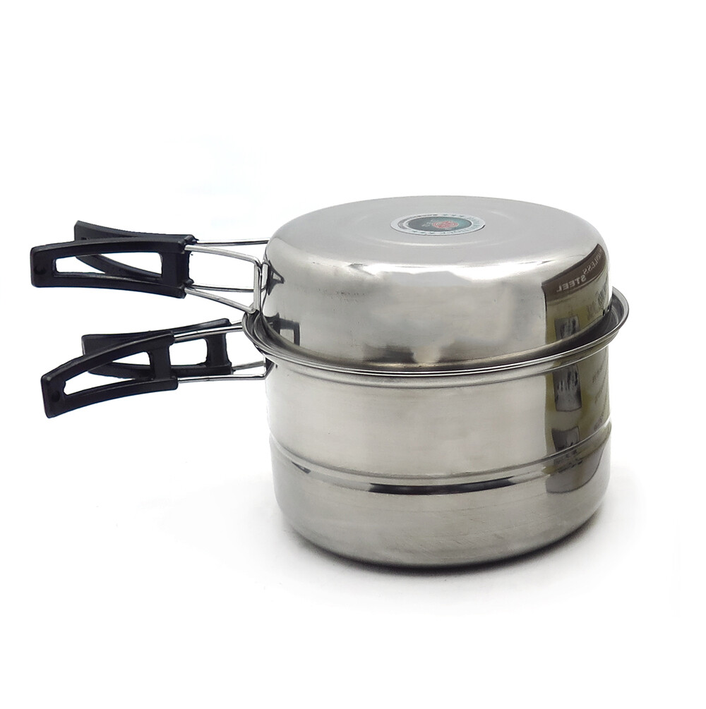 3PCS Outdoor Camping Cookware Stainless Steel Cooking Picnic Bowl Pot Pan Set