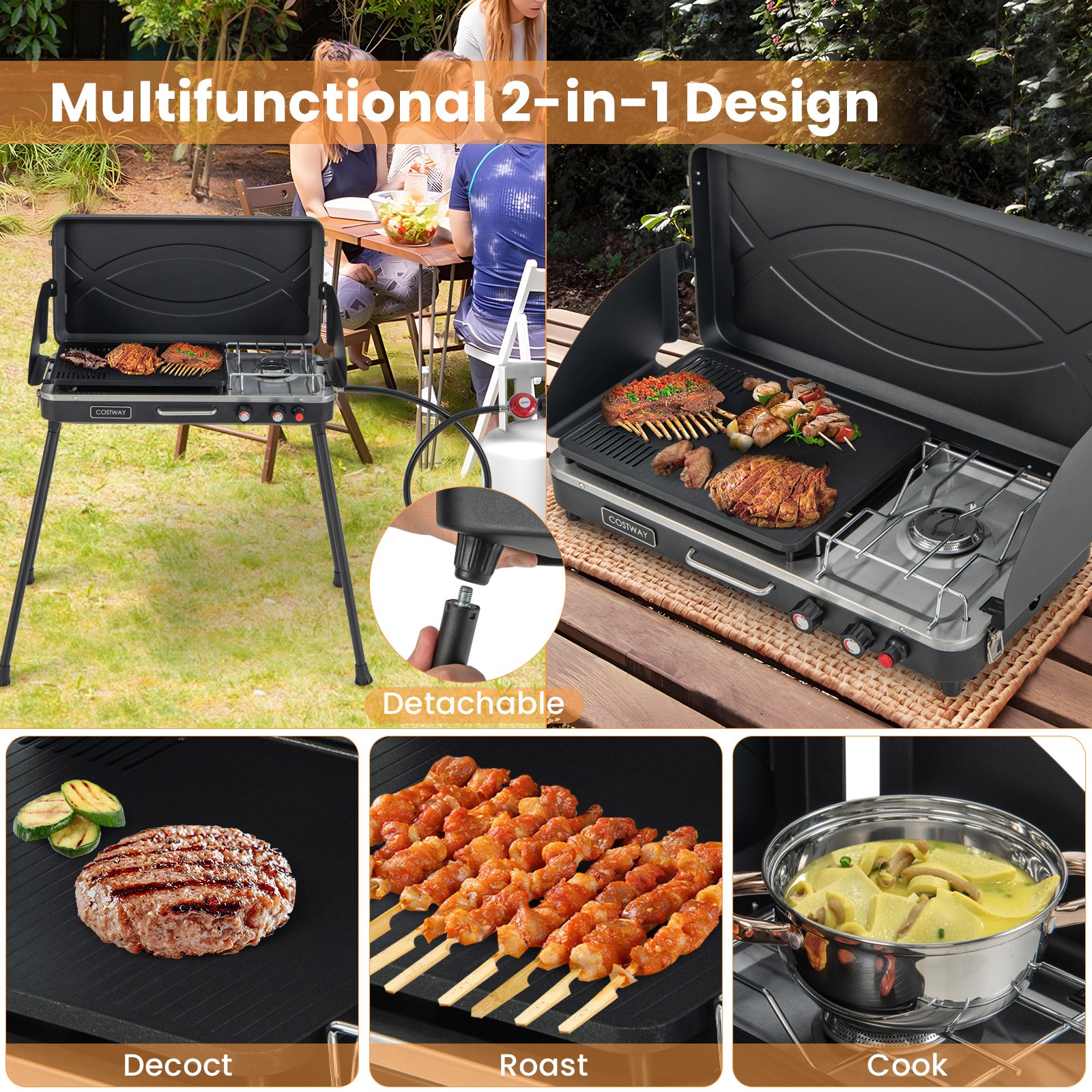 2-in-1 Propane Gas Grill w/ 10,000 BTU Burner & Dual Control Knobs Black