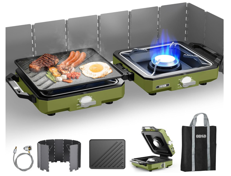 Estufa portátil de camping 2 quemadores 20.000 BTU con paravientos. Nuevo