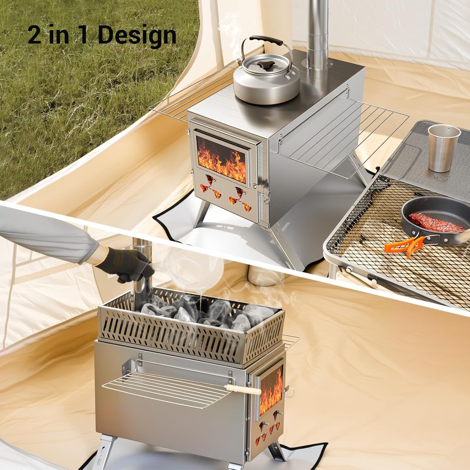 MOPHOTO 2in1 Sauna Hot Tent Stove Burning Stove With Stone Box 8 Chimney Pipes