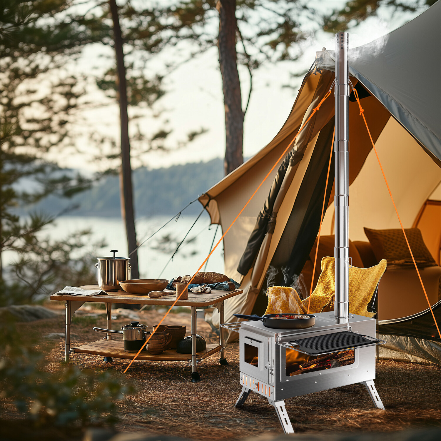 Fire Resistant Hot Tent Stove w/ 7 Chimney Pipe, Stakes and Carry Bag Wood Stove