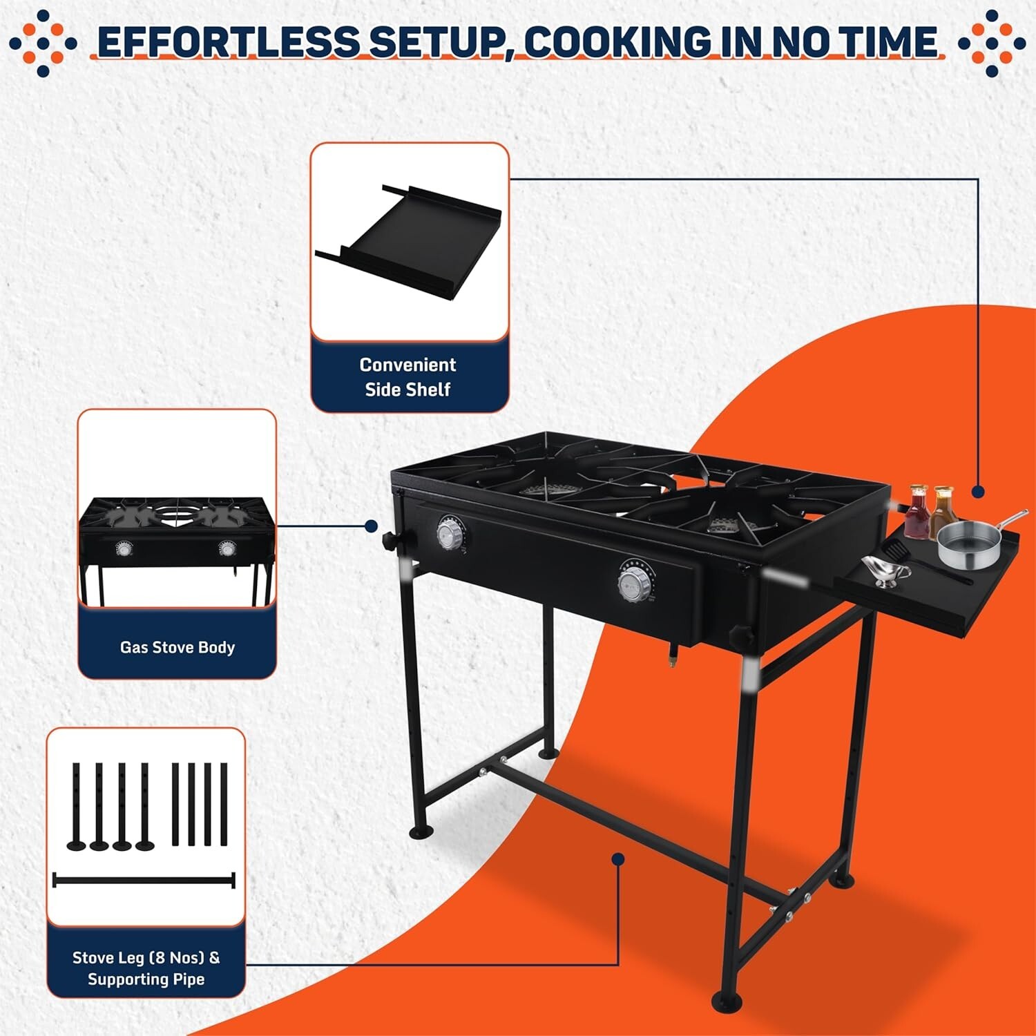 Double Burner Propane Stove – 1,50,000 BTU – with Detachable Legs & Side Shelf