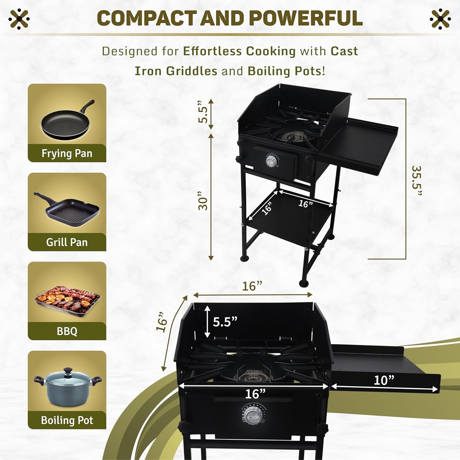 Single Burner Propane Camping Stove – with Side & Bottom Shelf and Wind Panel