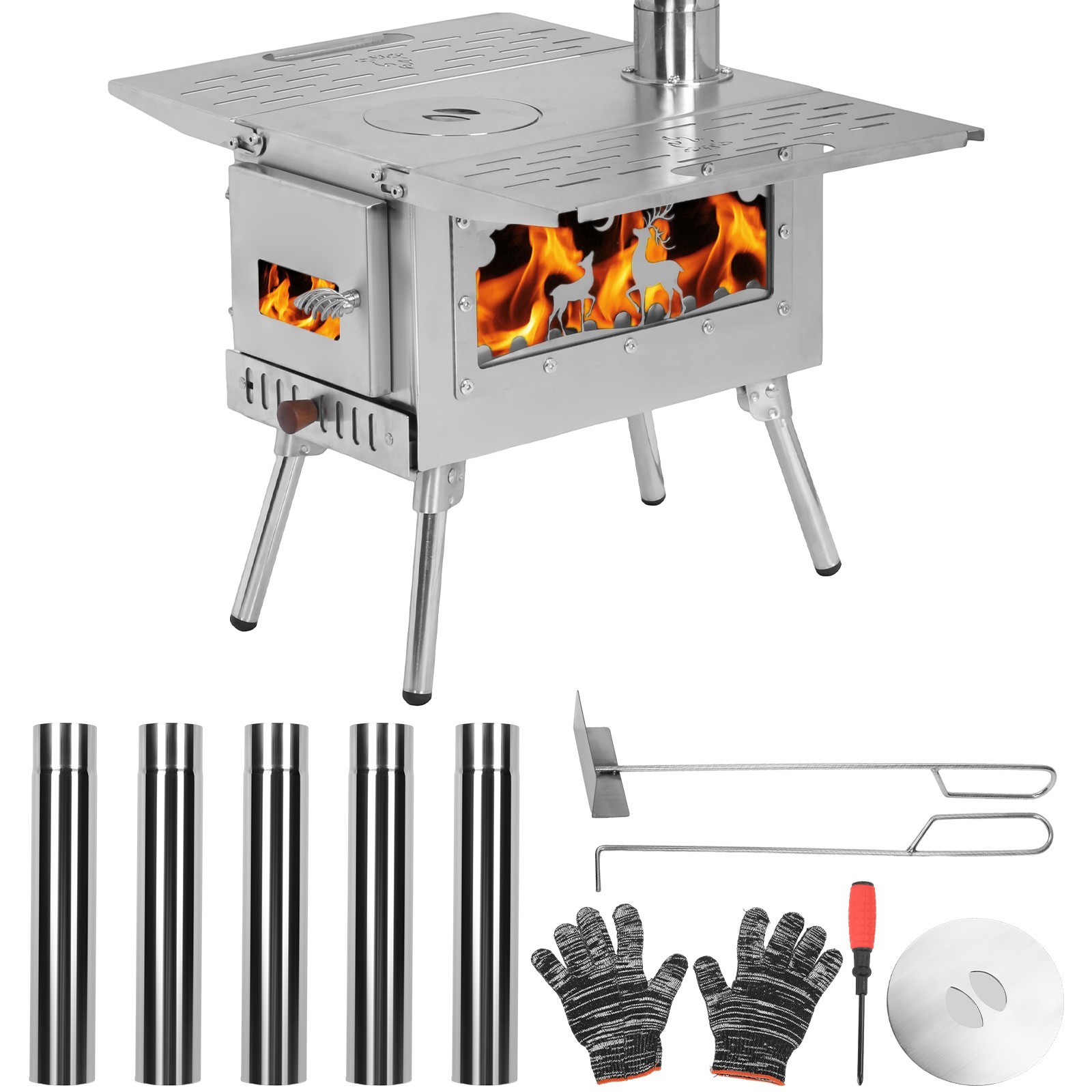 Portable Wood Burning Stove w Pipes Hot Tent Stove for Outdoor Camping & Heating