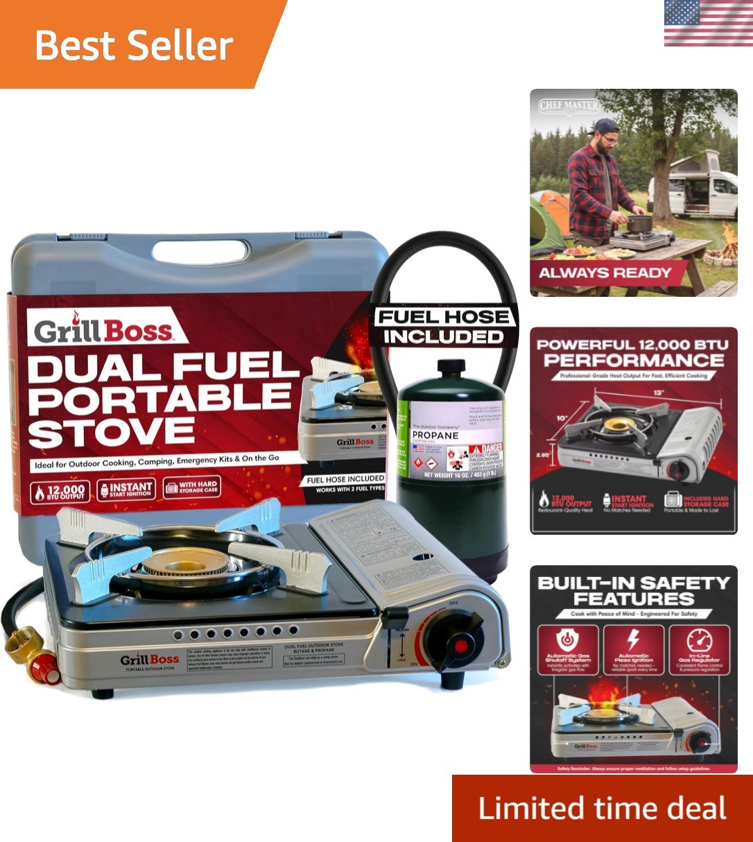 Grill Boss Dual Fuel Camp Stove – 12,000 BTU Butane & Propane Portable Stoves…