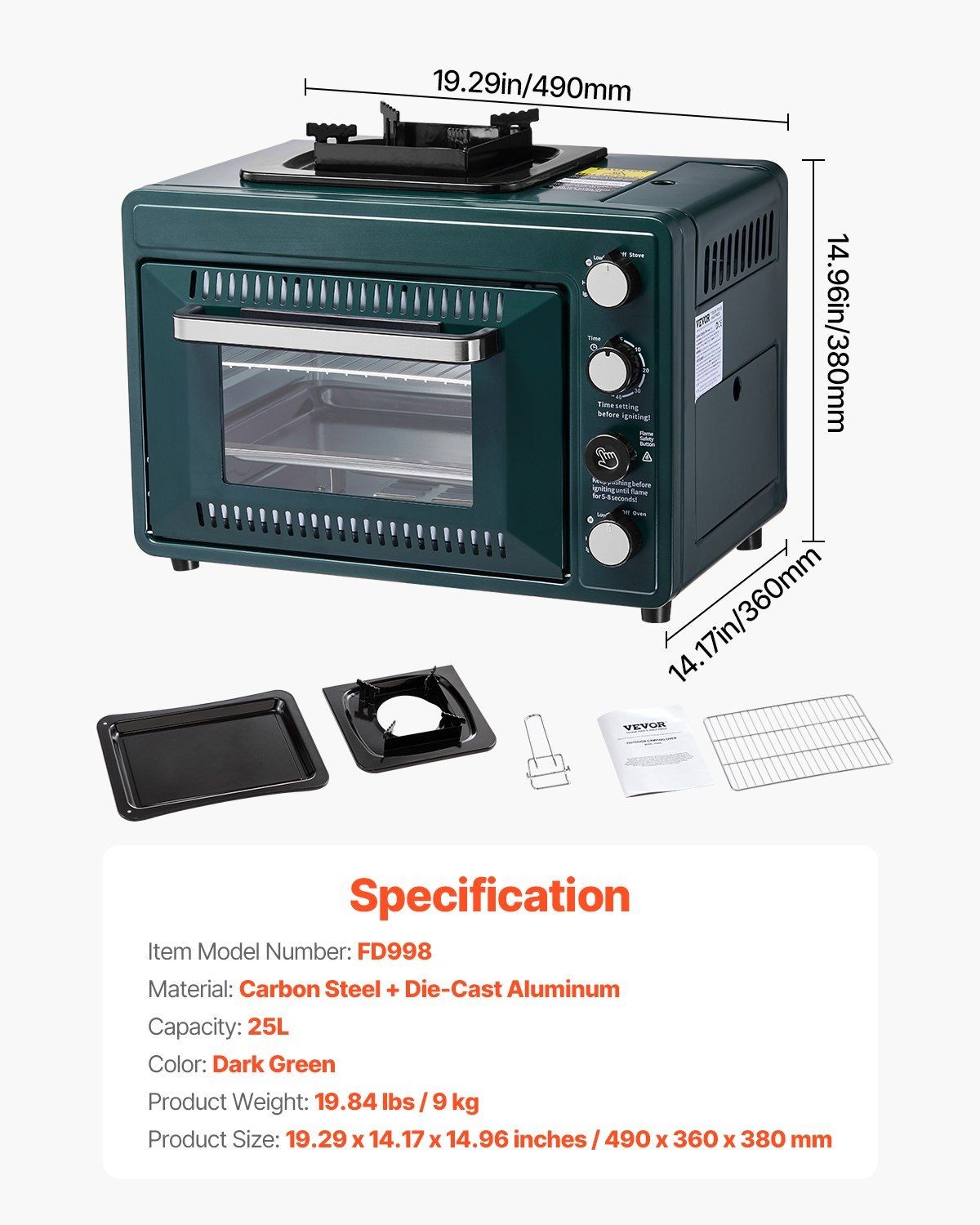 Gas Powered 2-in-1 Portable Oven 19.29×14.17×14.96in High Heat Output Camping