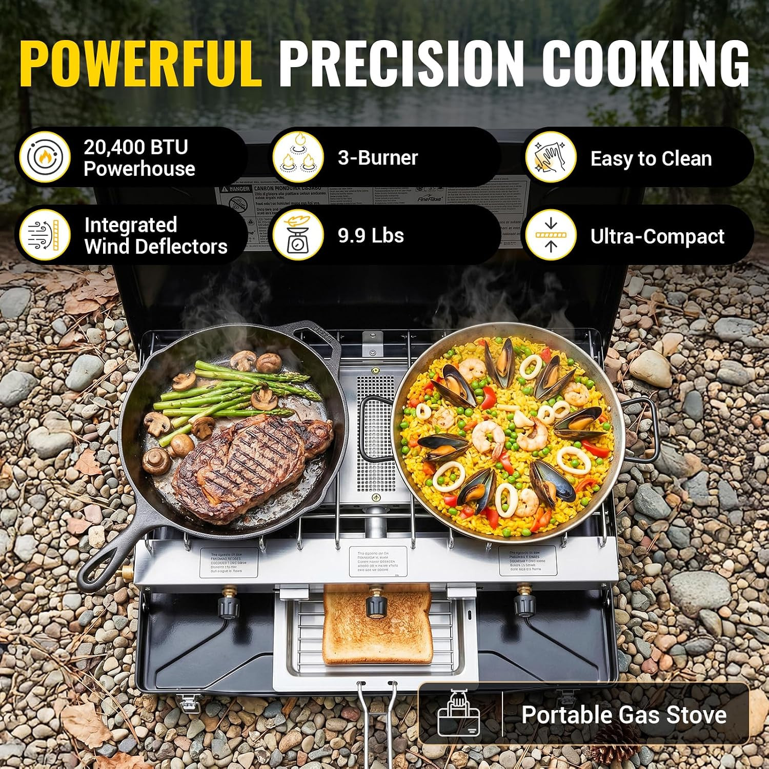 Fineflame Camping Stove, Propane Portable Camp Stove with Regulator, Push-Button