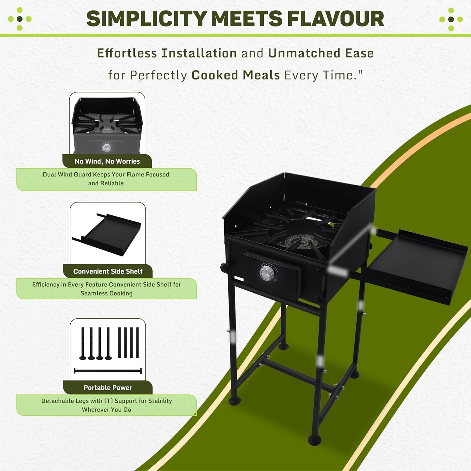 Single Burner Propane Stove – 1,30,000 BTU – with Side Shelf & Wind Panel