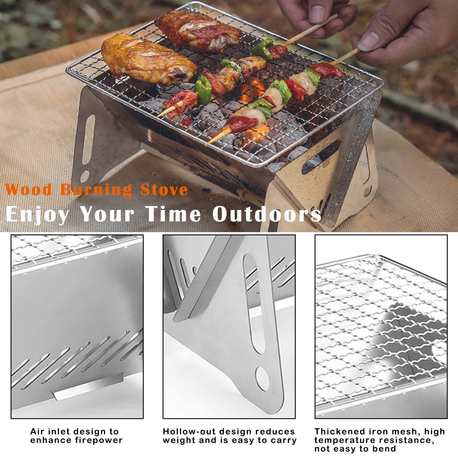Portable Backpacking Stove Grill Grid Folding Stainless Steel Charcoal BBQ
