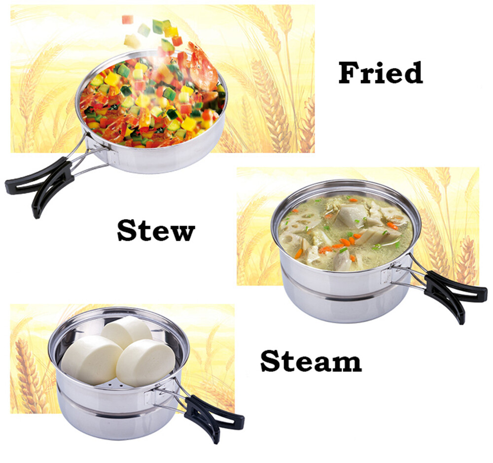 3PCS Outdoor Camping Cookware Stainless Steel Cooking Picnic Bowl Pot Pan Set