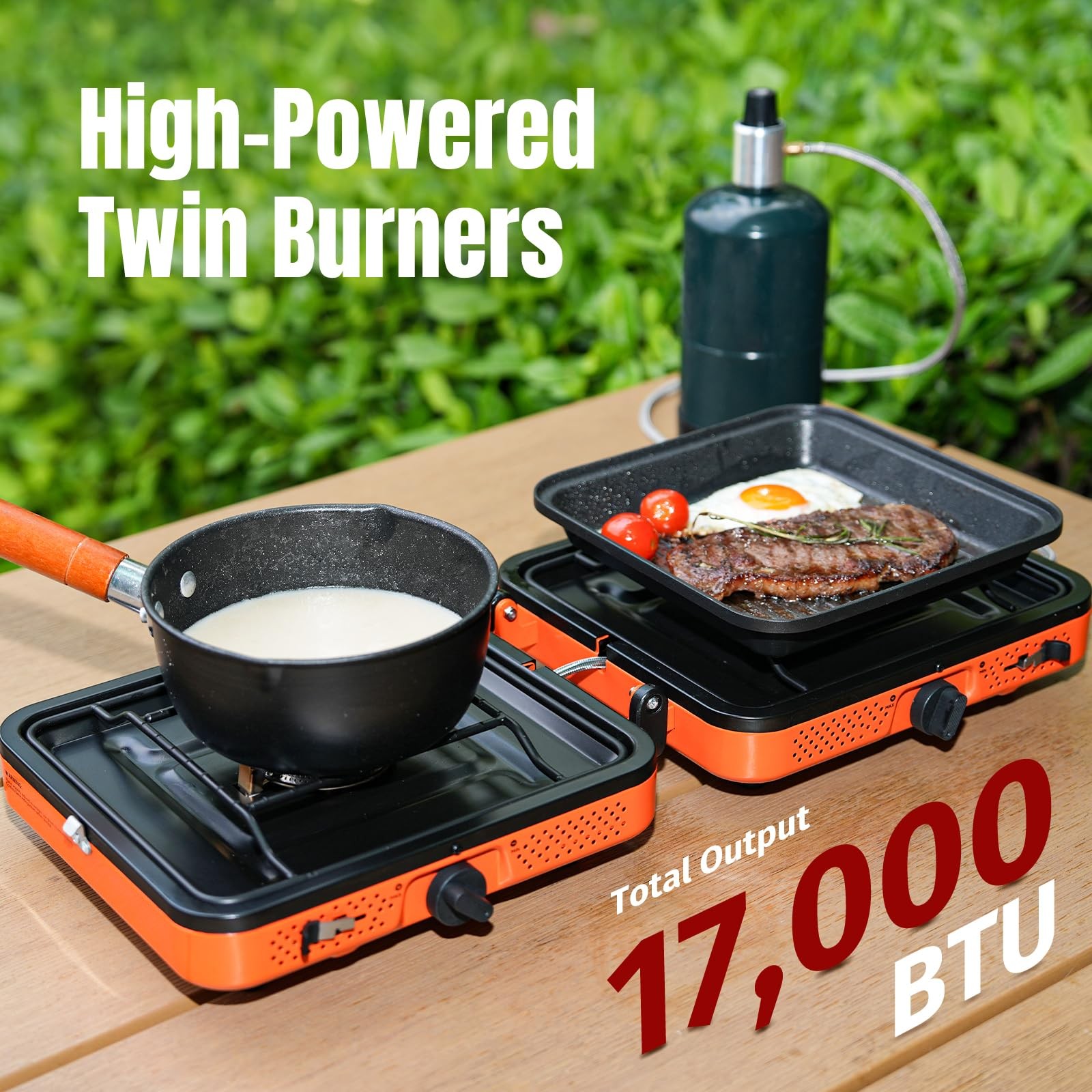 Orange 2 Burner Propane Stove Foldable Camping Stove W/ Case&Hose, Windproof