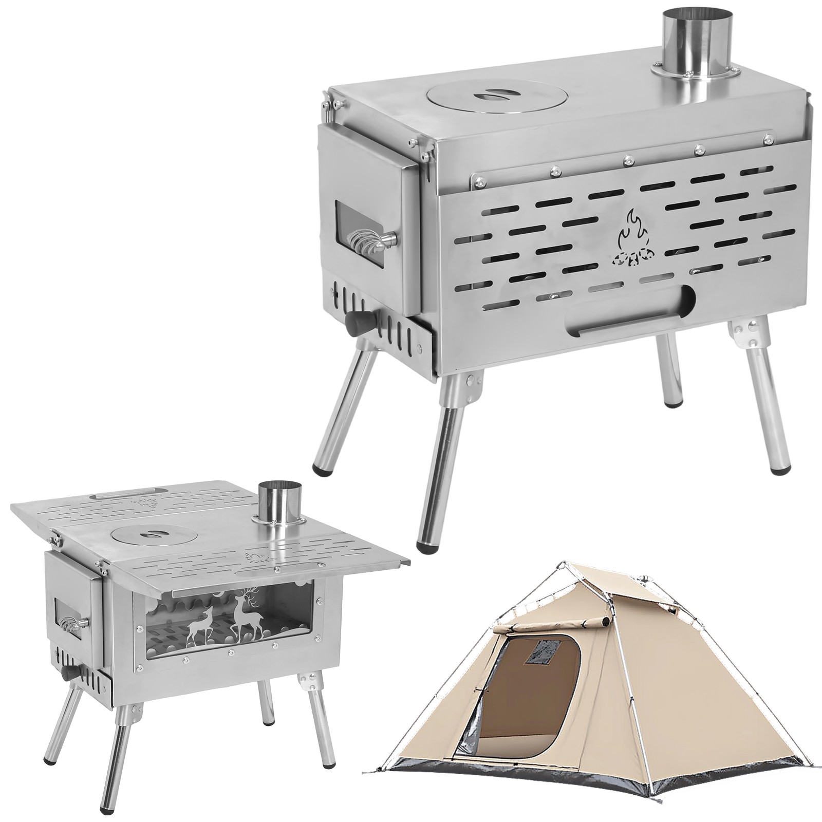 Portable Hot Tent Stove Wood Burning W/ Chimney & View Glass for Camping Outdoor