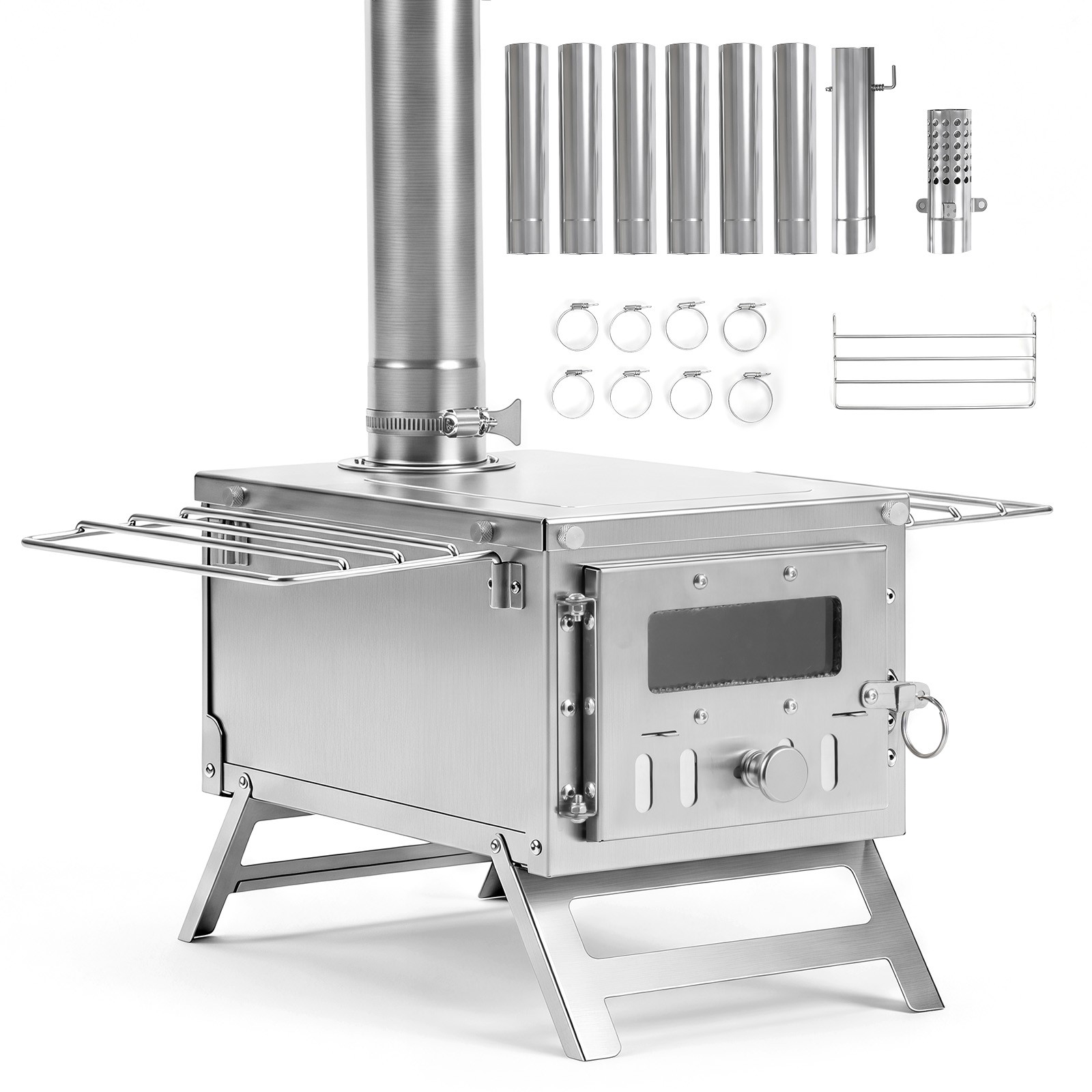 Hot Tent Stove, Portable Wood Burning Stove w/7 Chimney Pipes & Spark Arrestor