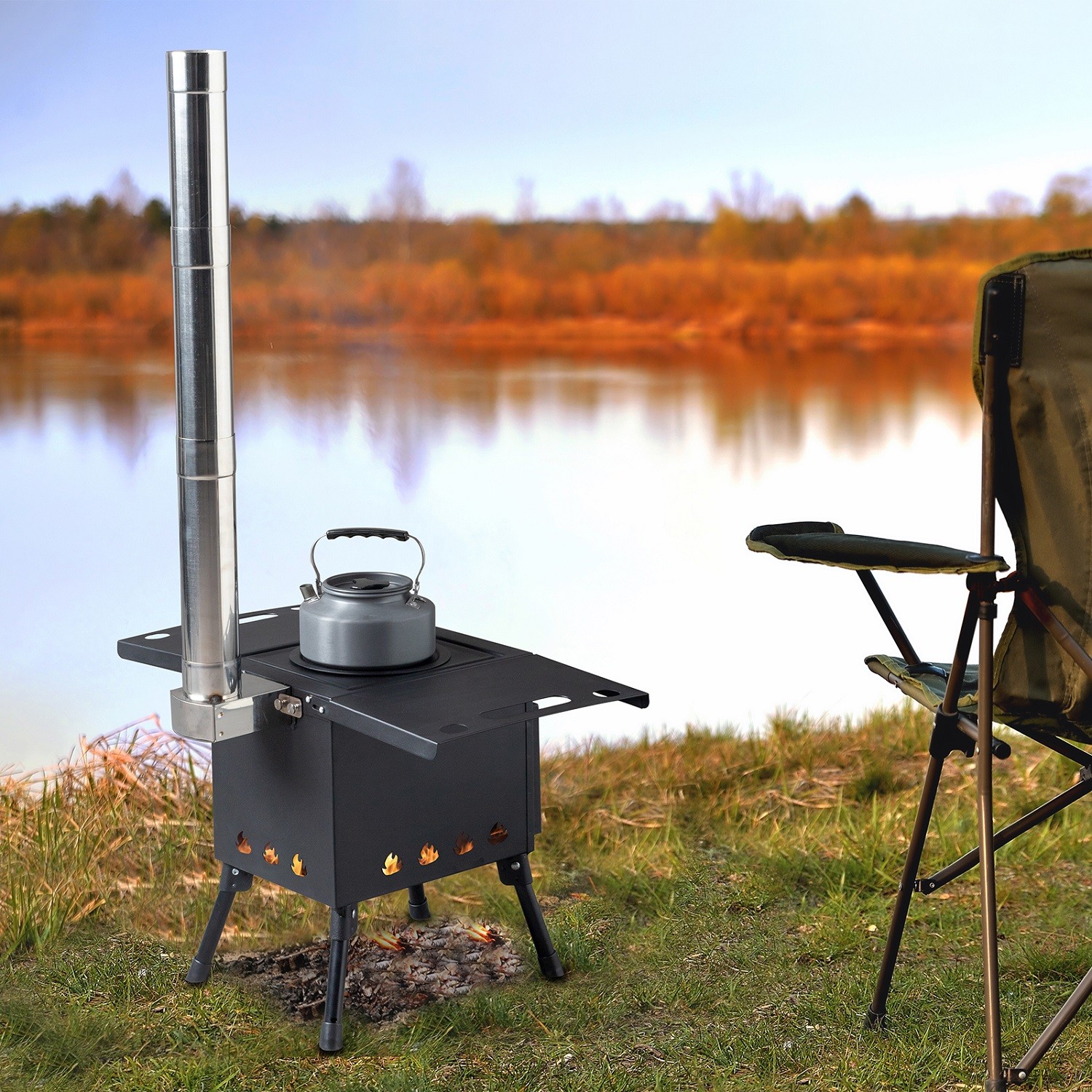 Camping Wood Stove Stainless Steel Camping Tent Stove Burning Stove with 3 Pipes