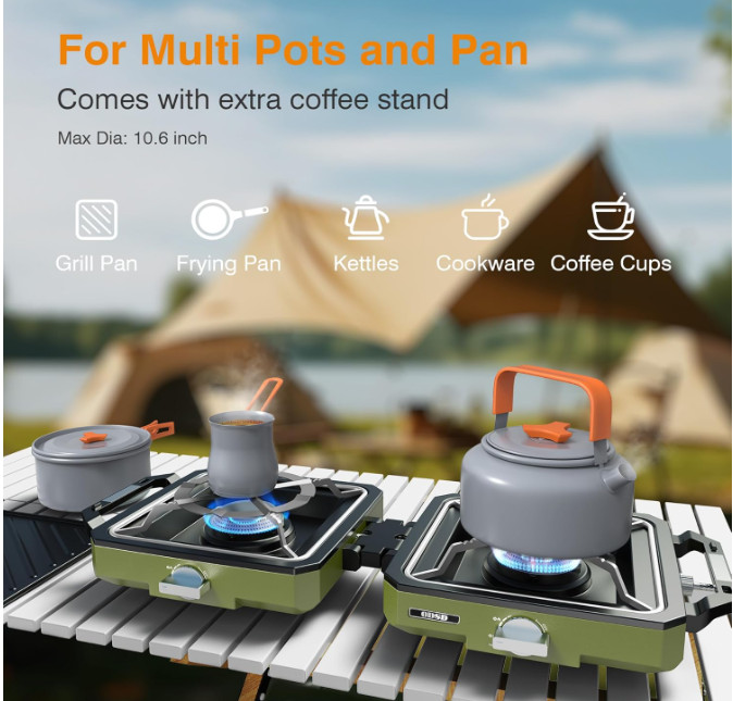 Estufa portátil de camping 2 quemadores 20.000 BTU con paravientos. Nuevo
