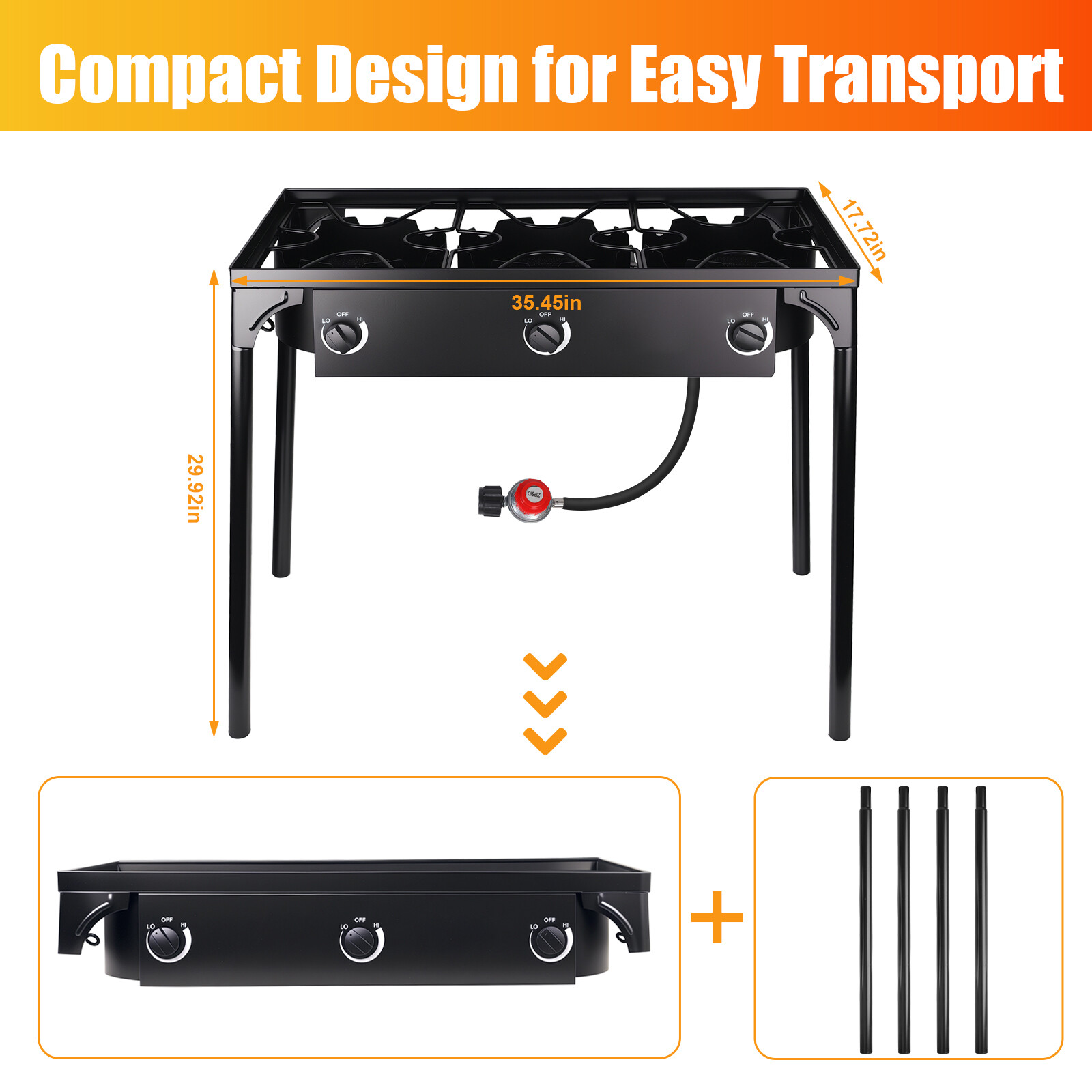 Portable Propane 225,000-BTU 3 Burner Gas Cooker Outdoor Camping Stove Grill