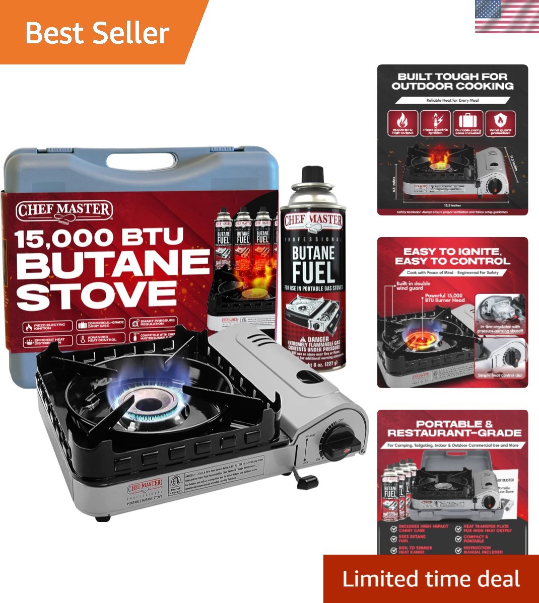 Efficient Portable Butane Camp Stove – 15,000 BTU, Safety Shut-Off & Ignition