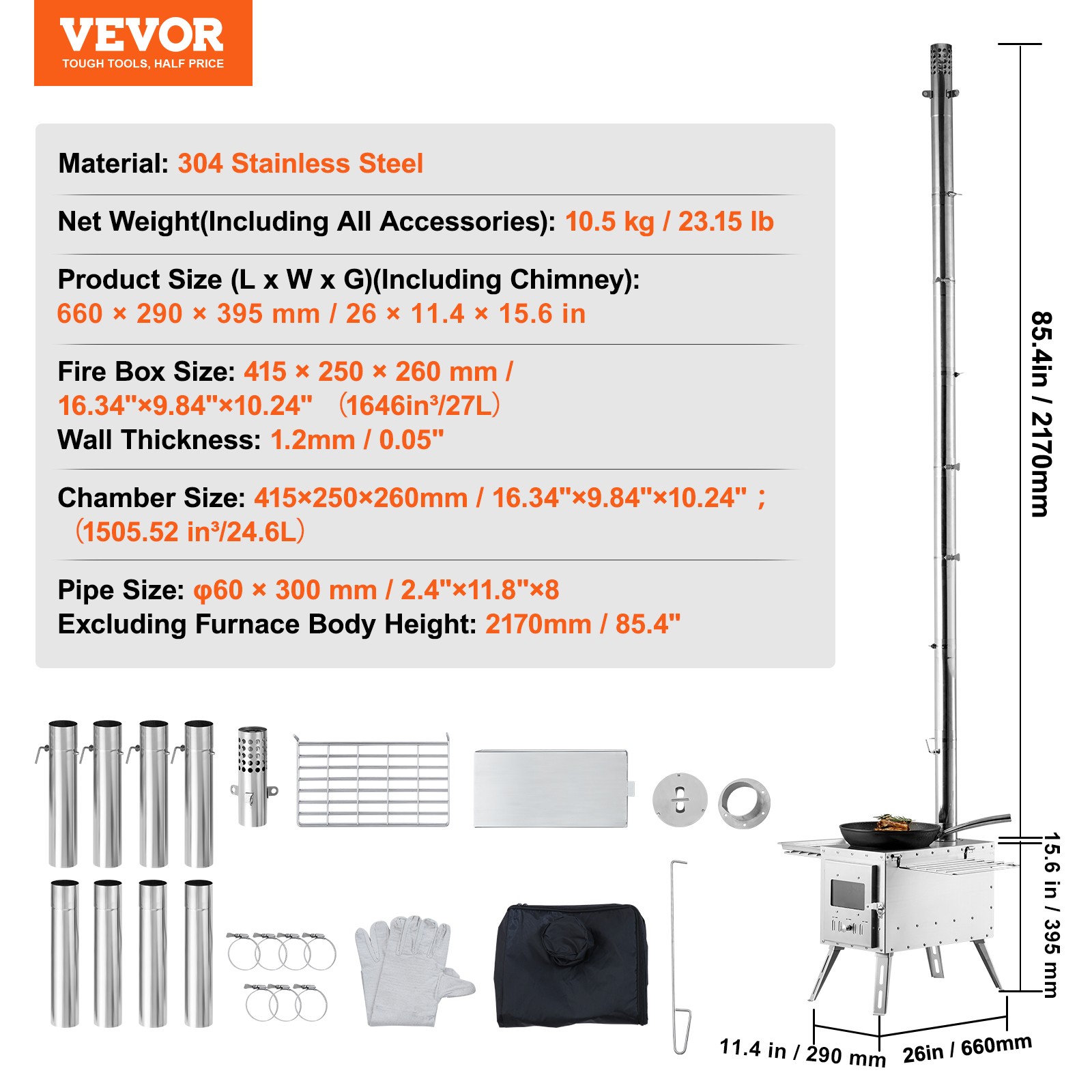 VEVOR 86 in Portable Wood Stove Camping Tent Stove w/ Pipe Stainless Steel