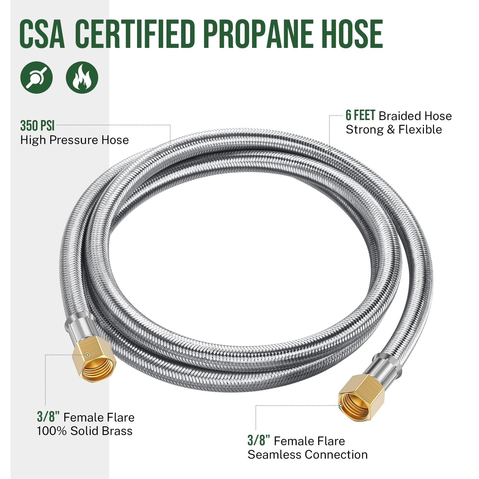 6 Feet Propane Hose Extension, Braided 3/8″ Extension 6 Feet, Silver